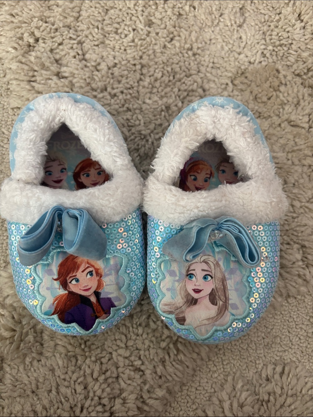 Disney Frozen Light Blue Sequin Kids Slippers with Anna & Elsa - 7/8